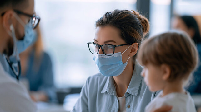 Faceless doctor examines child while mother looks on questioningly in clinic, mother presence, maternal observation, clinic setting, examination moment, with copy space