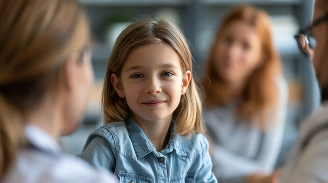Faceless doctor examines child while mother looks on questioningly in clinic, mother presence, maternal observation, clinic setting, examination moment, with copy space