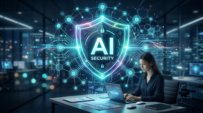 Woman working on a laptop in a dark office with a large glowing artificial intelligence security shield and digital network connections