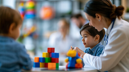 Obraz premium Faceless pediatrician gently examines child in colorful clinic room with toy on desk, caring healthcare, clinic environment, child comfort, examination moment, with copy space