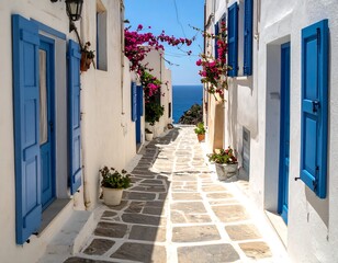 Fototapeta premium A picturesque whitewashed alleyway with blue shutters and vibrant pink flowers