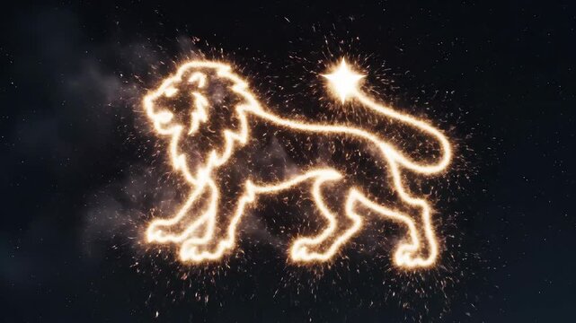 Fiery Leo zodiac sign forming from golden sparks in deep space. Mystical footage represents astrological power, destiny, and celestial energy. Ideal for horoscope videos, fantasy backgrounds
