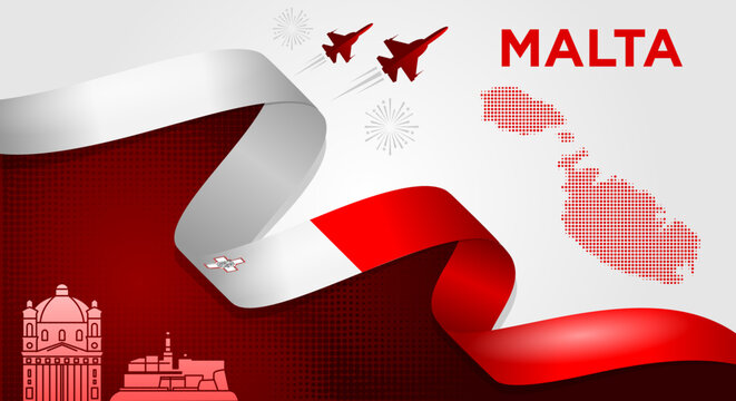 Malta National Day Background with Waving Flag Ribbon, Malta Map and Skyline Vector Illustration