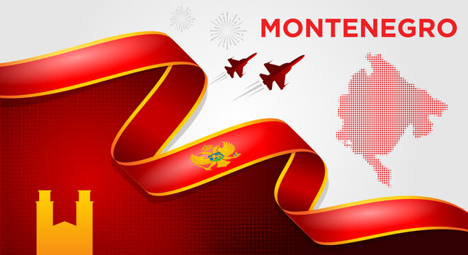Montenegro National Day Background with Waving Flag Ribbon, Montenegro Map and Skyline Vector Illustration