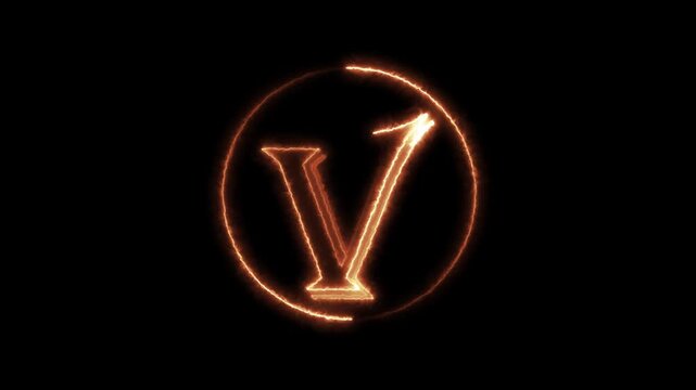 Glowing v letter symbol fire effect animated inner circle flame sparks