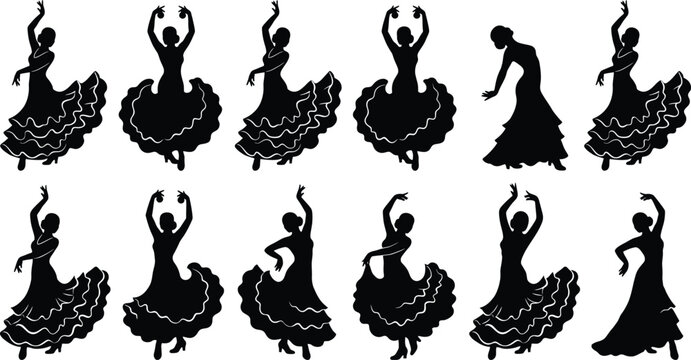 Set of twelve black silhouettes of flamenco dancers in various poses wearing ruffled dresses on a white background