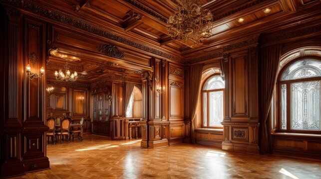 Classic interior of a luxury dining room with dark wood paneling, ornate carvings, and crystal chandelier. Elegant mansion hall with sunlight streaming through large arched window.