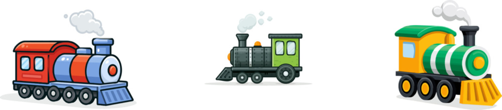 A playful toy train illustration with vibrant colors and steam coming out of the chimney, rendered in a cute whimsical hand-drawn style against a solid white background