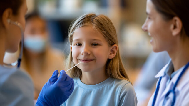 Faceless doctor examines girl's throat with swab during pediatric appointment, throat swab examination, pediatric care, clinical procedure, health assessment, with copy space