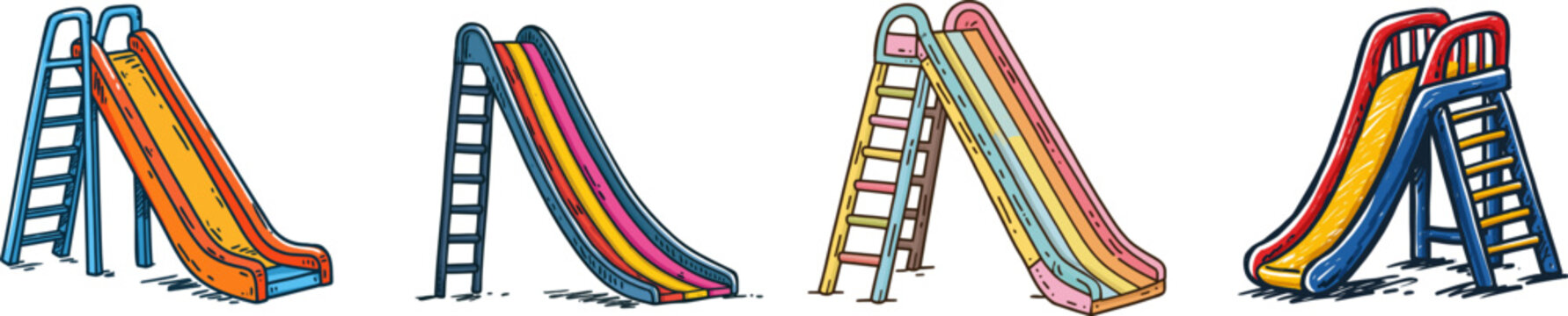 A playful playground slide with vibrant hues and bold outlines stands ready to welcome childrens laughter against a stark white backdrop