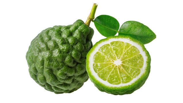 Whole and halved kaffir lime with leaves