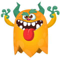 Fototapeta premium Cartoon cute and funny monster with scary face expression waving hands . Vector illustration isolated on white. For Halloween party decoration design