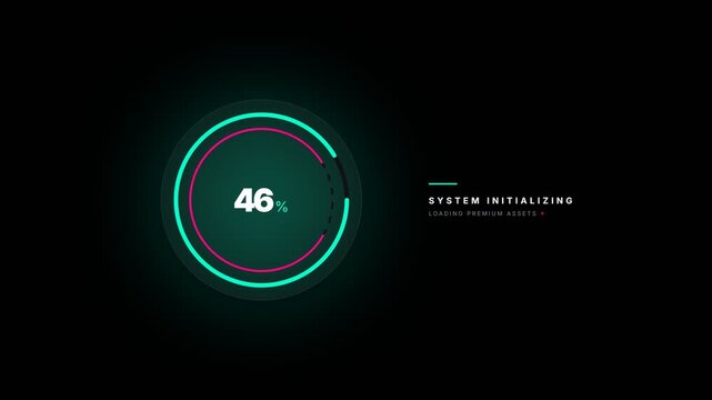 Futuristic circular progress bar with glowing neon lights and digital numbers indicating system initialization