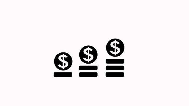 Dollar financial growth with stacked coins animation on white background. Business graph and dollar sign animation. Upward indicating financial growth, profit increase, rising investment value against
