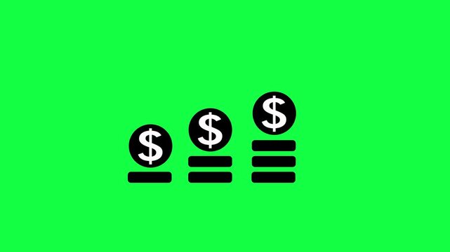 Dollar financial growth with stacked coins animation on green background. Business graph and dollar sign animation. Upward indicating financial growth, profit increase, rising investment value against