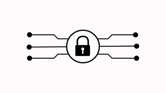 Opening padlock icon with digital circuit board lines animation on white background. Security padlock with lines representing robust digital data protection with alpha channel