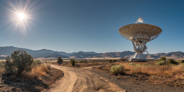 Vast desert landscape with a large parabolic antenna beneath a bright sun