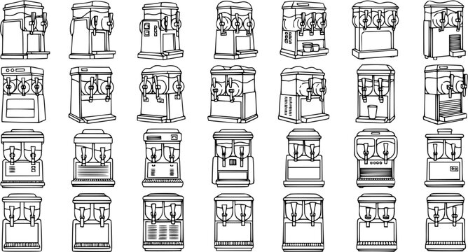 Black and White Line Art Vector Set of Slush Machine and Frozen Drink Dispenser Icons for Food and Beverage Industry