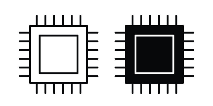 Computer microchip icon clipart and thin stroke versions pack