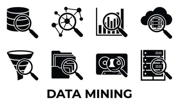 Data mining icons set graphic database analytics cloud server magnifying glass computer science technology.