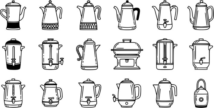 Black and White Line Art Coffee Pots, Urns, and Kettles Icon Set for Food and Beverage, Kitchen, and Catering Industry