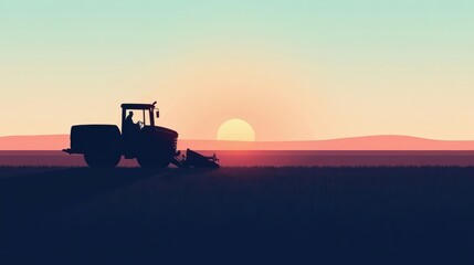 Fototapeta premium Silhouette of a farmer operating agricultural machinery during a picturesque sunset, showcasing the serene beauty of rural landscapes and the dedication of agricultural workers