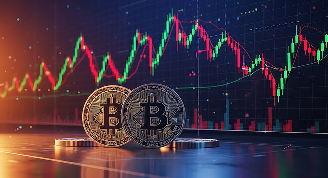 Two physical bitcoin coins resting on a dark surface in front of a glowing digital financial trading chart with red and green candlestick patterns