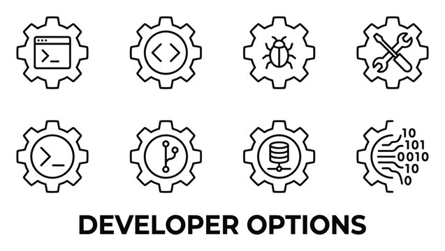 Developer options icons outline gear set digital programming tools software development symbols data science.