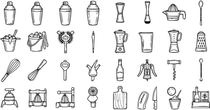 Black and White Line Art Vector of Bar Tools and Cocktail Accessories for Food and Drink Industry