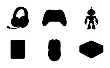 Gaming Icons Set PNG headset gamepad robot tablet mouse hexagon shape, transparent background © Pnghub10