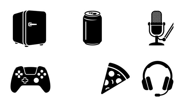 Gaming Icons PNG Set: Mini Fridge, Soda Can, Microphone, Controller, Pizza, Headphones