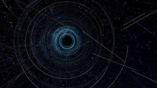 Abstract futuristic dark radar interface with glowing cyan concentric circles and digital network nodes for data visualization design.