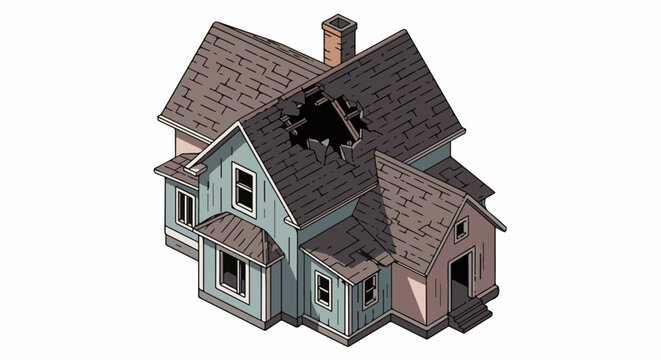 Dilapidated isometric house with a gaping hole in the roof and damaged shingles