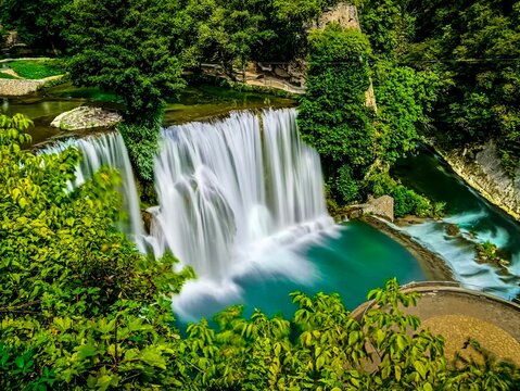Bosnia and Herzegovina, 02.06.2026, Jajce, The stunning Pliva Waterfalls in the heart of Jajce&rsquo;s Old Town