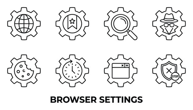 Line art browser settings icons for internet options like globe privacy cookies timer and ad blocker.