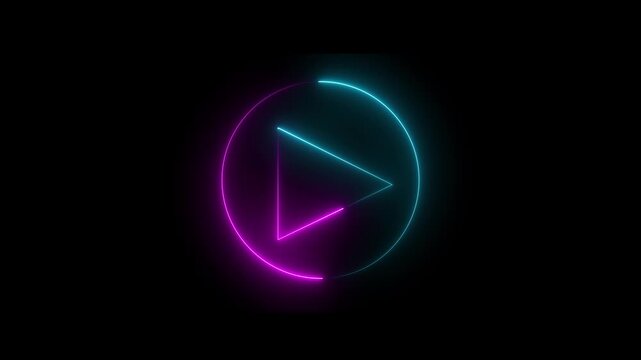 Pink and navy blue color play button icon on black background with neon circle.