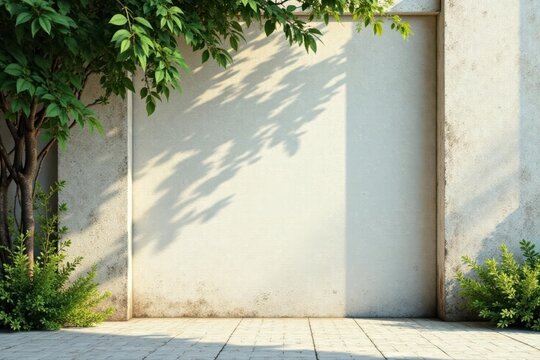 Serene outdoor scene featuring a sunlit off-white wall, dappled with leafy shadows, flanked by lush green shrubs and a paved area