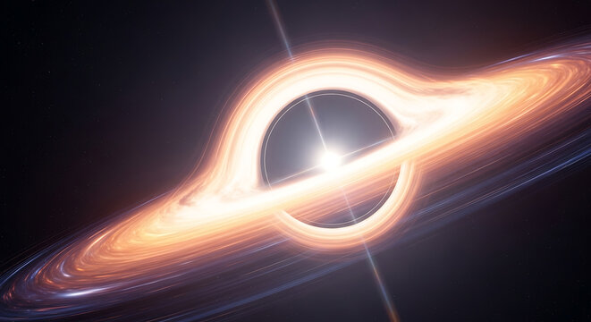 A supermassive black hole in deep space with a bright glowing orange accretion disk and a central white light source against a dark starry background space