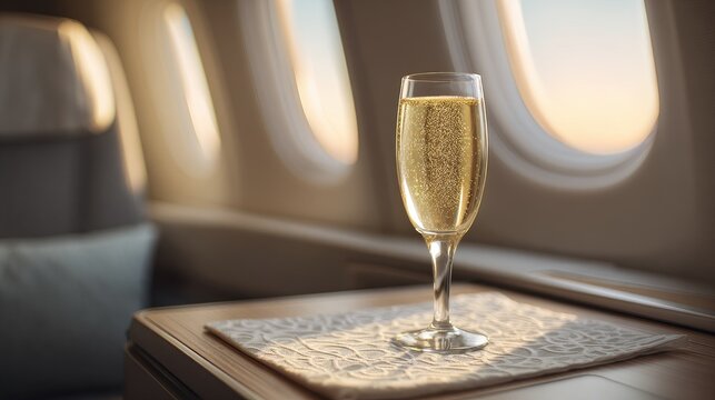 Bubbling champagne in a glass on a tray inside a plane