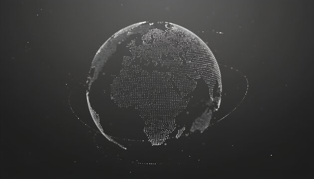Spherical wireframe globe with orbiting rings, dark background