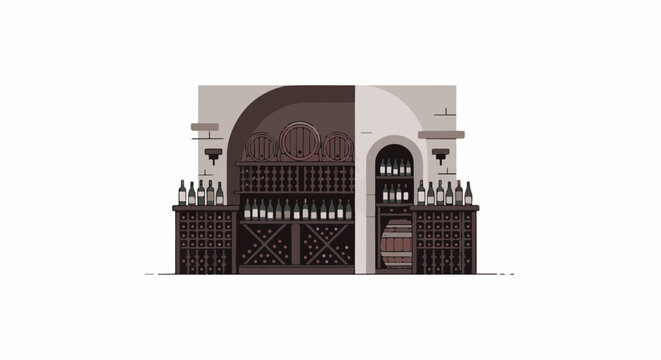 Rustic wine cellar stocked with bottles, barrels, and racks