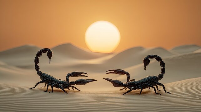 Two scorpions face off in a desert at sunset