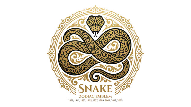 Golden Snake Zodiac Emblem with Ornate Mandala and Chinese Horoscope Year Text