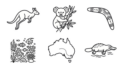 Obraz premium Australian Animals and Symbols: Kangaroo, Koala, Boomerang, Platypus, Map