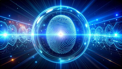Fototapeta premium Glowing digital fingerprint inside a futuristic glass sphere with blue neon light rays and high tech cyber background