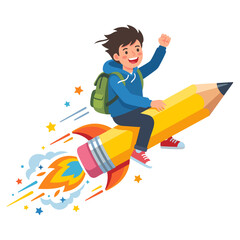 School boy riding a flying pencil rocket, funny back to school student character illustration