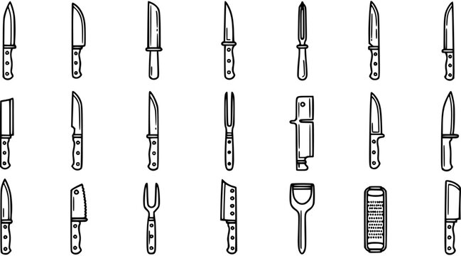 Black and White Line Art of Assorted Kitchen Knives and Utensils