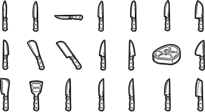 Food Industry Black and White Line Art Icons Set: Hand Drawn Butcher, Chef, and Kitchen Knives with Steak, Cooking Utensils and Cutlery Collection