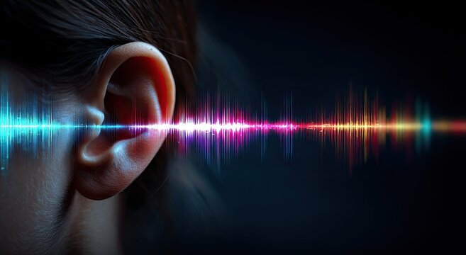 Close-up of a human ear receiving a vibrant, colorful soundwave visualization