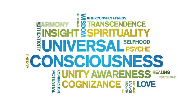 Universal Consciousness animated word cloud-text design animation tag kinetic typography seamless loop.